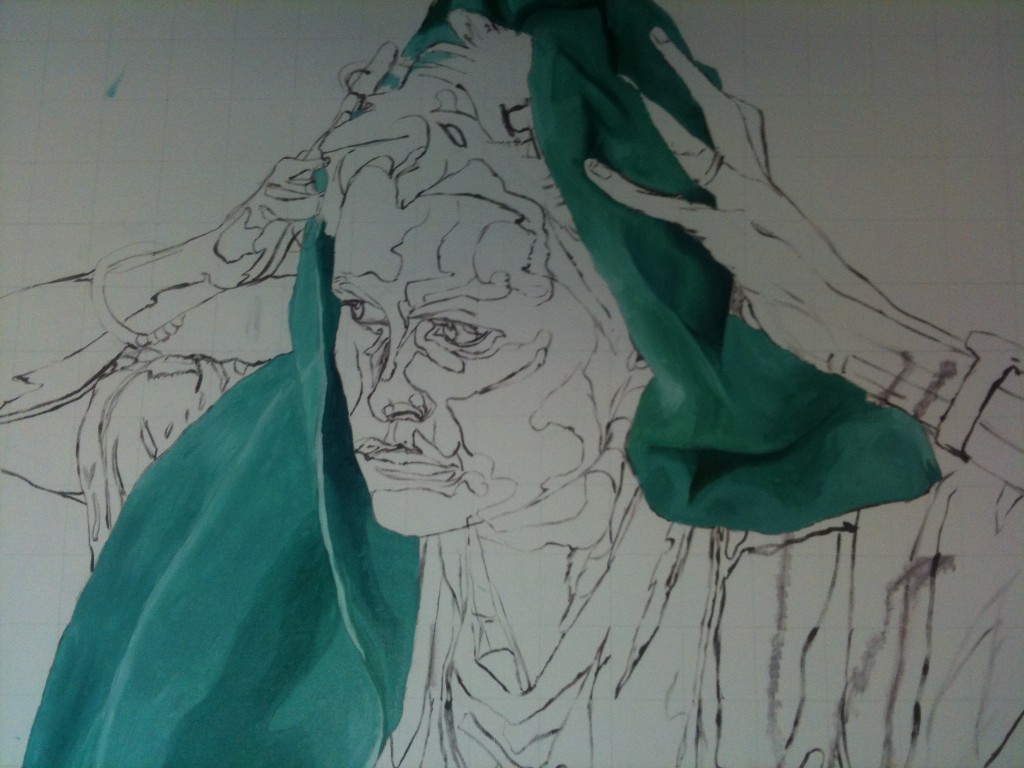 Self-Portrait with green cloth looking solid and everything else hollow