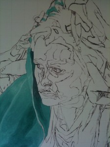 Detail of self-portrait underpainting with green cloth