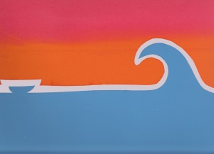 print of blue boat on blue ocean, and orange and red sky.