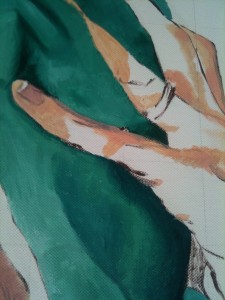 Details of half-painted left hand of self-portrait. Fingers are buried in towel.