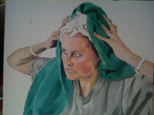 Full view of Self-Portrait with green towel over head, background and hair still white