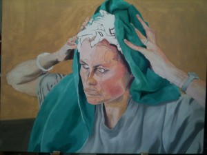 Self Portrait, rubbing head with green towel. Eyes and hair are disconcerting blanks.
