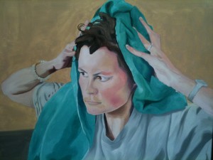 Painting of artist drying hair with green towel, eyes on the distance. Painting shows solidity but is too smooth.
