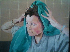 Painting showing artist in grey T-thirt, drying hair with a green towel, in a tiled bathroom.