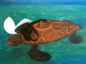 Picture of a swimming turtle with a white shape where a flipper used to be.
