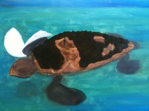 A turtle with a dark green area blocked out over most of the shell for the shadows of trees.
