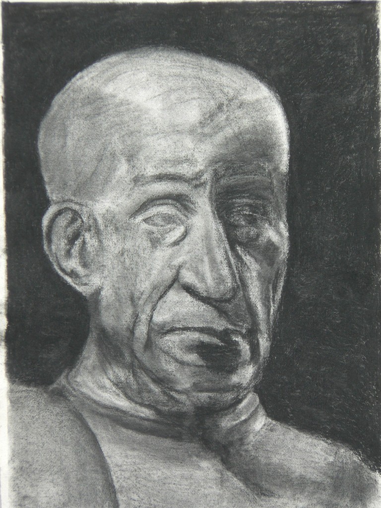 Picture of charcoal head of severe man with large nose