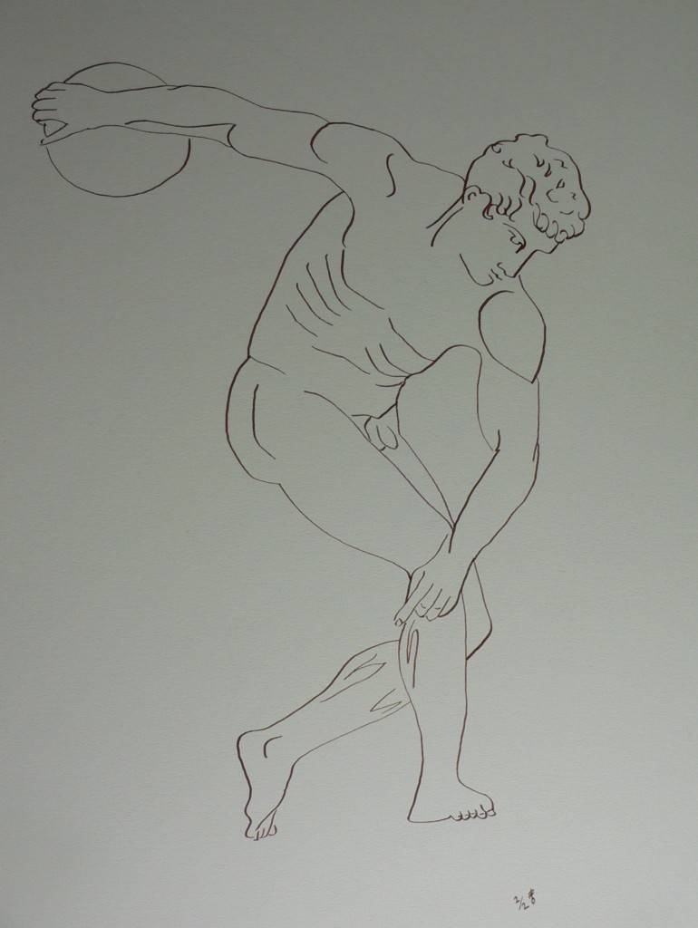 Line drawing of Discobolus statue, a nude male pausing on the back-swing before the throw