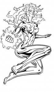 Black and White of naked, gleaming female with flaming hair and right fist.  She reflects in the same way as glass or metal.