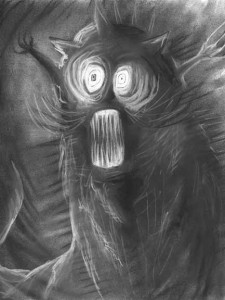 A shadowy monster with glowing eye pits and teeth looks terrified and terrifying.  it could be fleeing or poucing.
