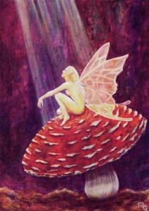 A winged fairy sits on what may well be a poisonous toadstool, gazing up into a beam of light.