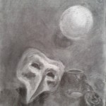 Charcoal study of a mask, a hanging ball, a pot, and a mug