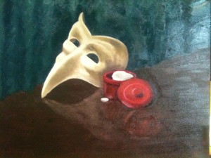 A curtain is the background for a wooden stage on which a mask, a pot of pale greasepaint, and a pill are in a tight group.