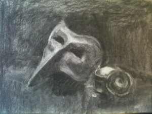 Charcoal study of long-nosed mask and pot containing white substance
