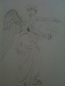 Rendered pencil sketch of winged Nike