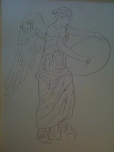Line art in sepia, of winged woman in drapery, holding a shield she examines.