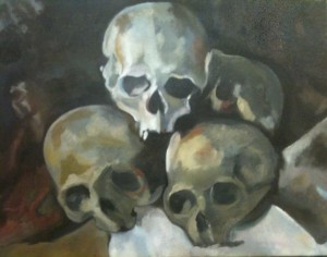 A painting of four skulls. One is in the background, the other three are staring out of the canvas.