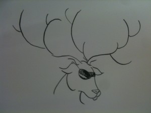Stylised reindeer in mirror-sheen sunglasses, drawn in black ink