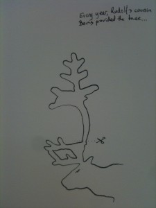 A stylised reindeer outline with a tree-shaped antler