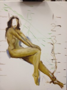 Nude woman, seated with one leg bent and one straight, and shoulders nearly in line away from viewer