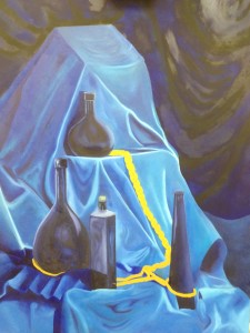 Four blue bottles and a golden cord, on a fall of blue cloth