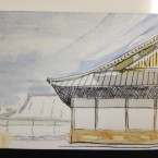 A Japanese roof and building behind, in ink and wash