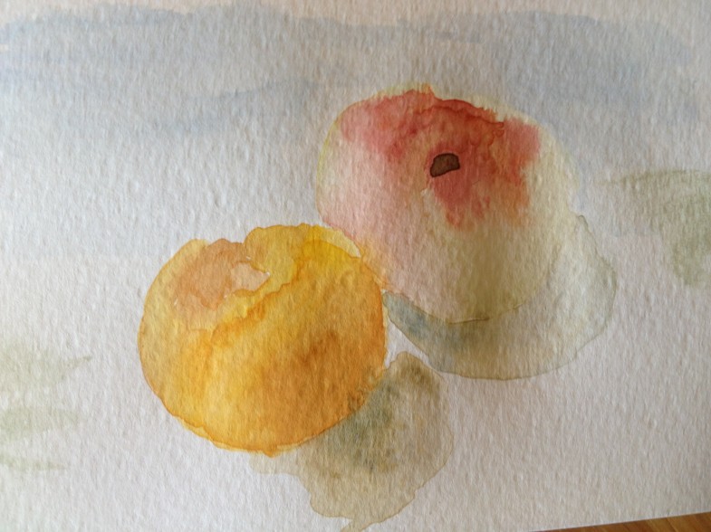 A doughnut peach and a small satsuma in layered watercolour