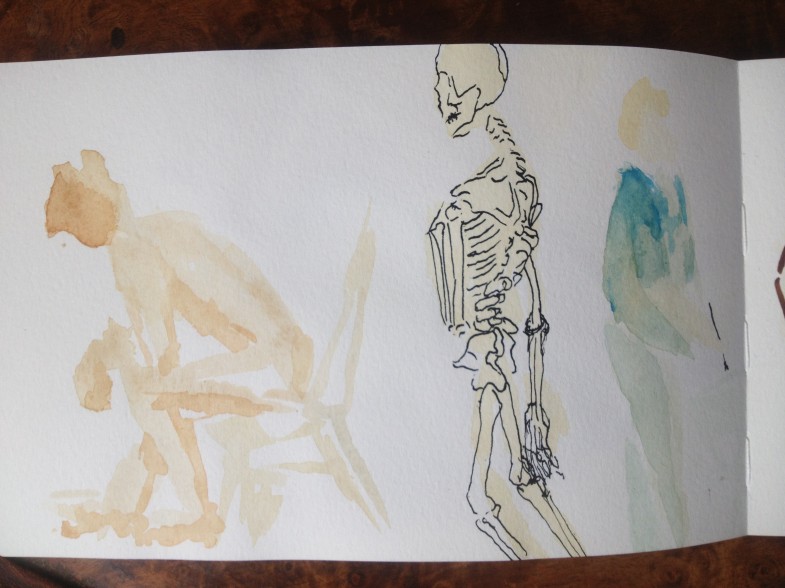 A single page with a nude model, a skeleton, and a painter in the distance