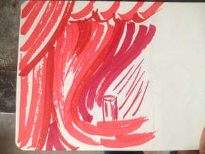 three-shade red marker pen image of blowing curtains and a container in a dark red area
