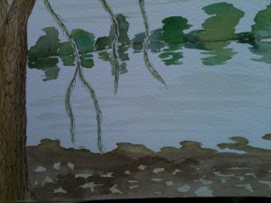 Depressed-colour watercolour of lake with willow fronds