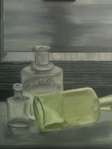 Three overlapping glass bottles, oil painting