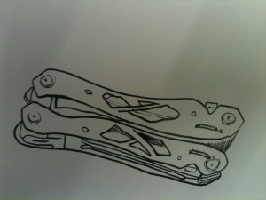 A pen and ink drawing of a Gerber multi-tool