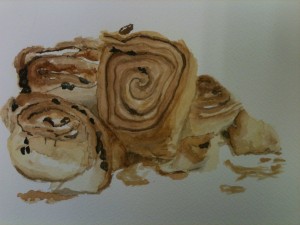 Pile of chelsea buns in watercolour