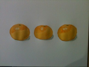 three oranges, work in progress in watercolour