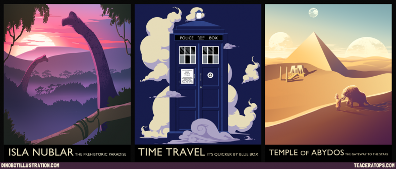 Classical style travel posters for scifi shows - Dinobot Illustrations