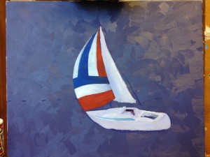 A boat with a red, white and blue spinnaker on a blue-purple background.