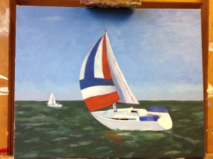 Oil painting of boat with red, white and blue sail, against a blue sky, on a green sea