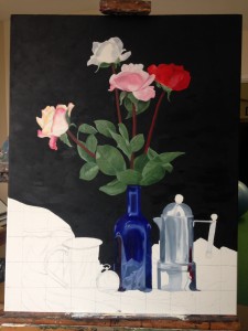 blue bottle panted in oils on canvas