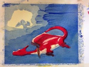 Red dragon in a blue cave, painted in watercolour