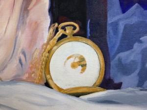 still life work in progess, showing half painted fob watch