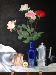 Still life of roses, reflective surfaces, and cloth