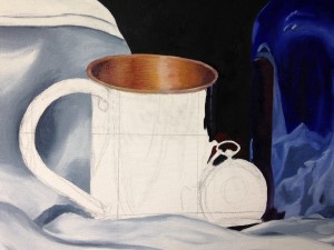 Unpainted white jug with internal copper paint, on canvas