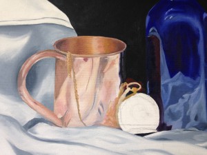 Copper pot with a reflected, half painted chain, oil on canvas