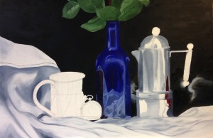 half finished oil painting of containers and cloth, with a jug still showing pencil drawing