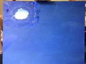 Blue canvas with one painted corner showing an exit from a blue cave and sun beyond