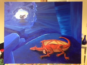 A sleeping dragon in a cave with another dragon arriving