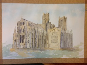 Ely Cathedral in ink with watercolour washes