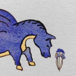 A close-up picture of a blue watercolour dragon sniffing a blue flower.