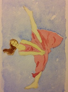 A woman in a dress, doing oversplits - kicking her heel up beyond 180 degrees.