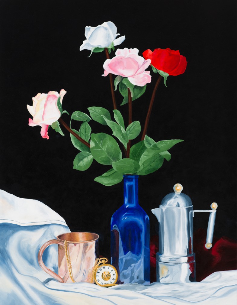 A still life with roses and several reflective containers and items, on piled cloth.